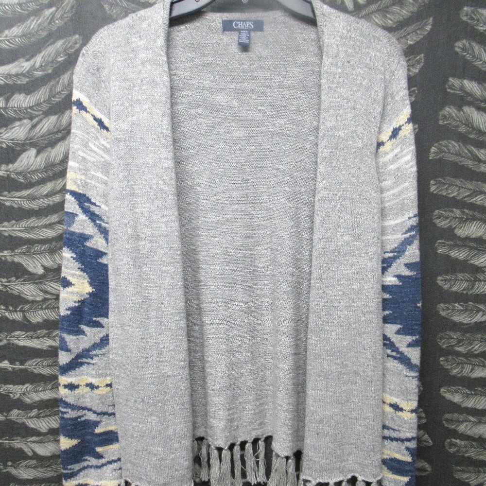 Chaps Gray and Blue Fringe Sweater Cardigan Aztec Print